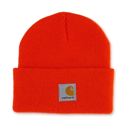 Orange knit beanie with a folded cuff and square logo patch