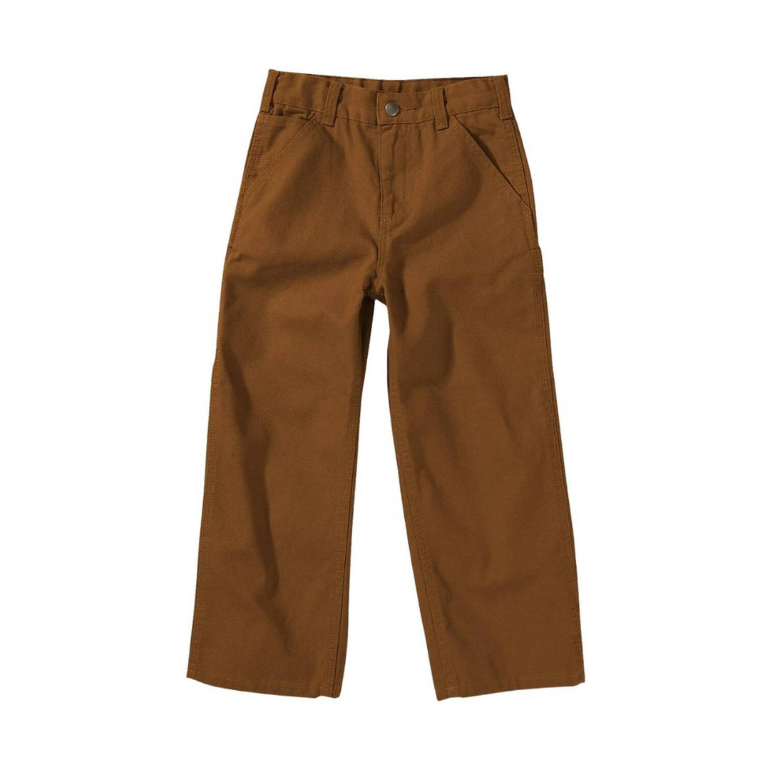 Brown canvas pants with straight legs, belt loops, and front pockets