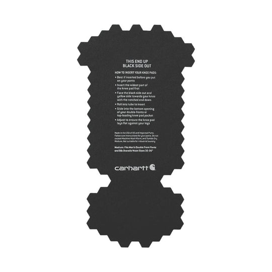 Black zigzag-edged knee pad insert with printed instructions and Carhartt logo