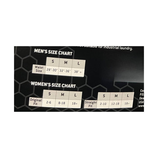 Package size chart showing men’s and women’s sizing tables with S, M, and L columns