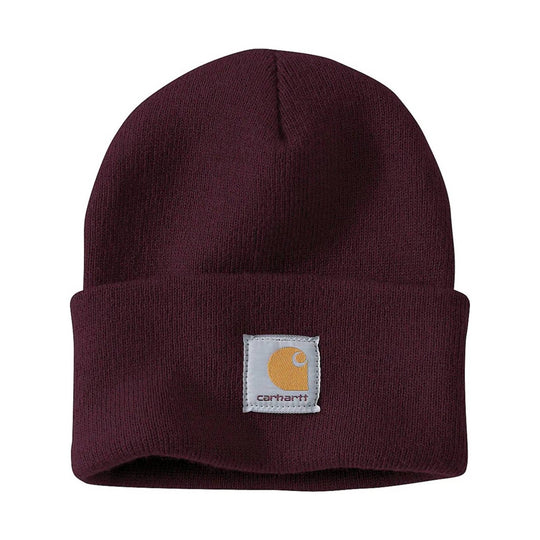 Burgundy knit beanie with folded cuff and small Carhartt logo patch