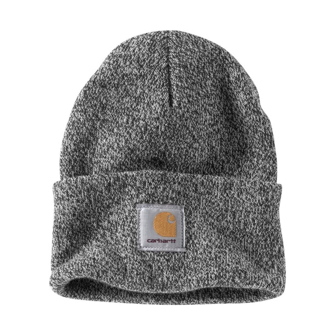 Gray marled knit cuffed beanie with a small Carhartt logo patch on the front