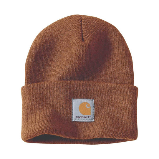 Brown knit beanie with a folded cuff and small front logo patch