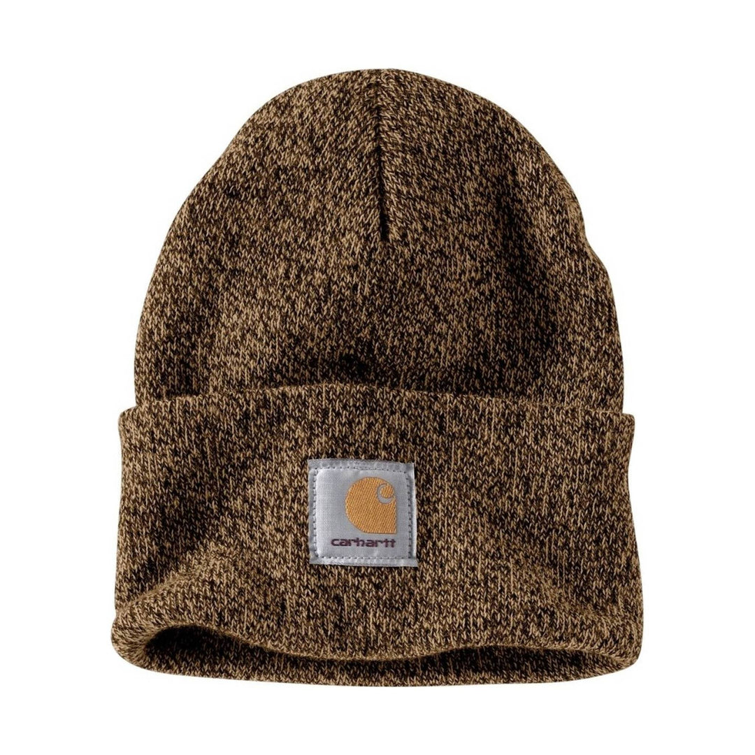 Brown marled knit beanie with folded cuff and Carhartt patch