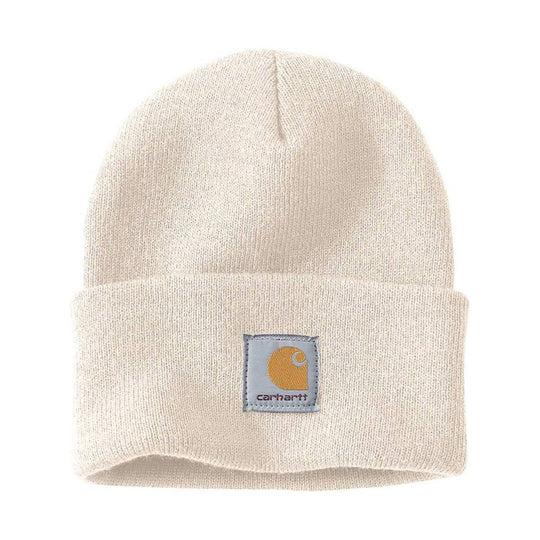 Cream knit beanie with folded cuff and Carhartt patch