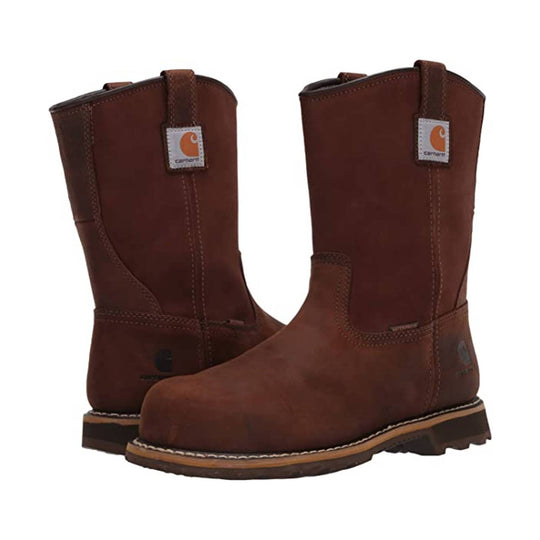 Brown leather pull-on work boots with pull tabs and Carhartt tags