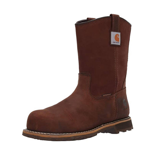 Brown leather pull-on work boot with a tall shaft and stitched welt