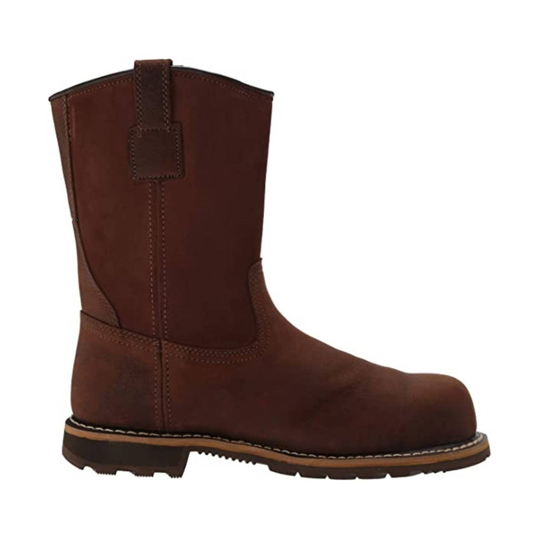 Brown pull-on work boot with a rounded toe and thick lug sole, side view