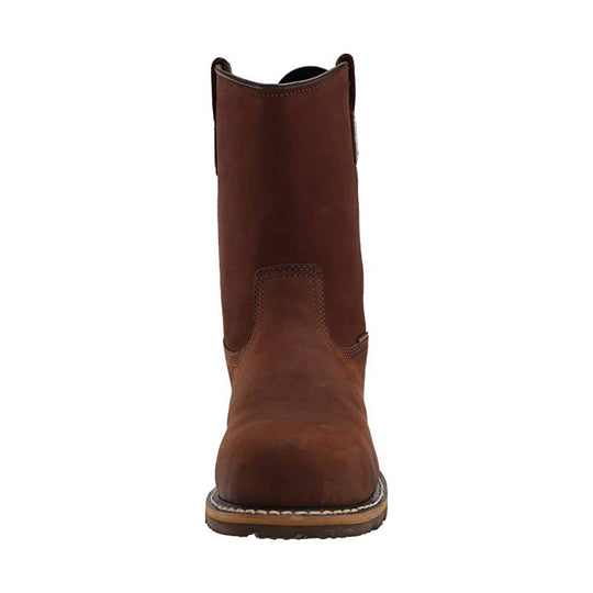 Brown leather pull-on work boot with a tall shaft and rugged sole, front view