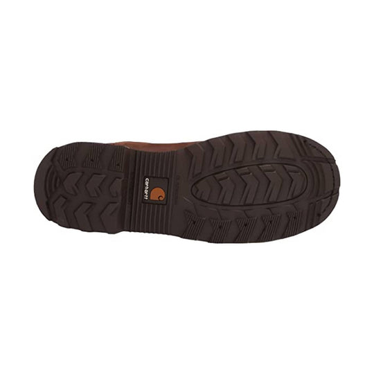 Brown work boot sole with deep tread and Carhartt logo