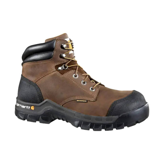 Brown and black work boot with padded collar, metal eyelets, and rugged tread sole