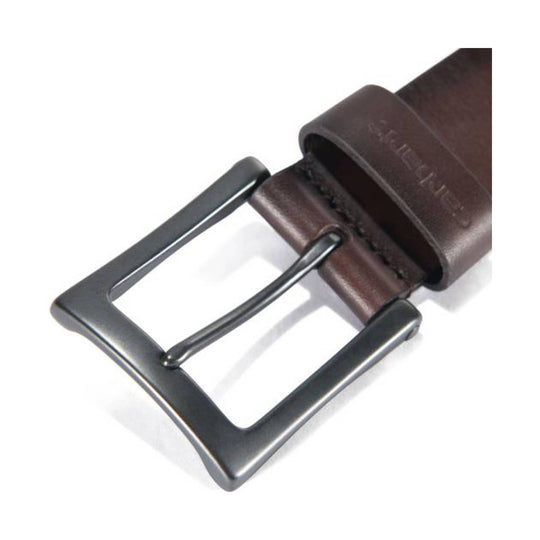 Brown leather belt with matte metal buckle and stitched leather keeper