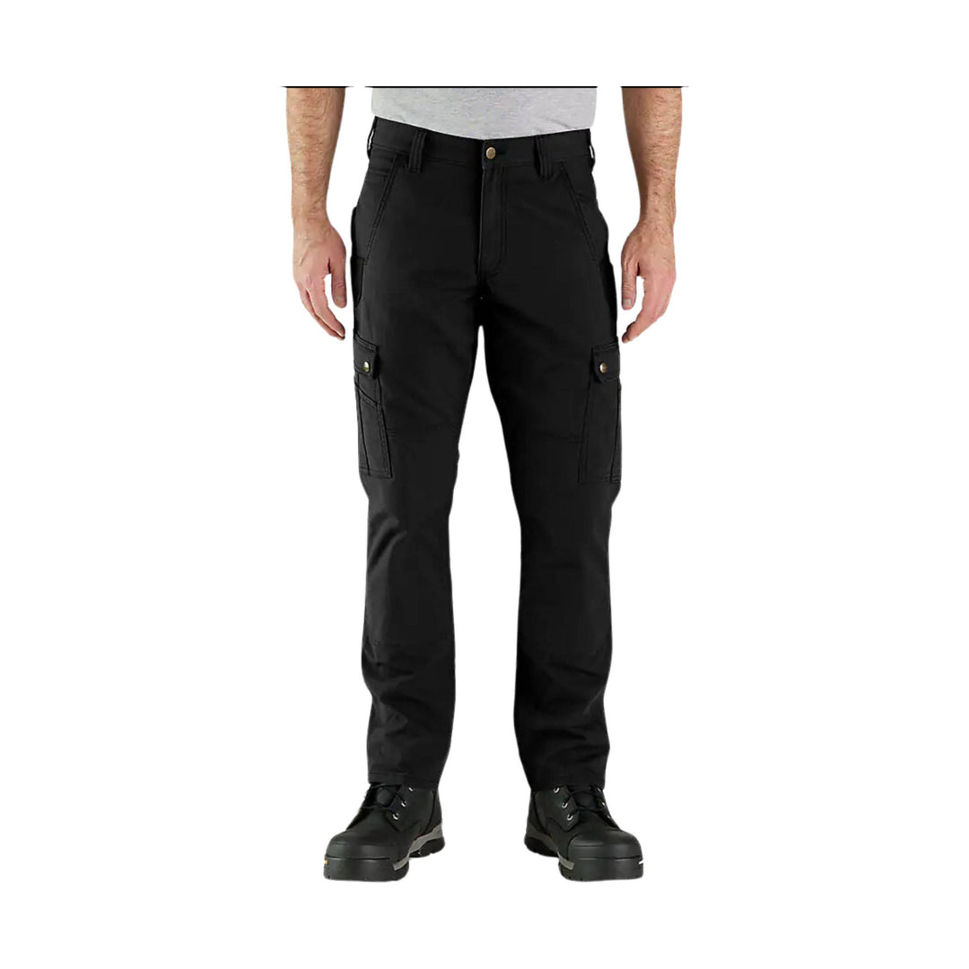 Black cargo work pants with side cargo pockets and button closures, front view on a model