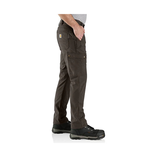 Brown cargo work pants shown in side view with large utility pockets and a small Carhartt logo patch