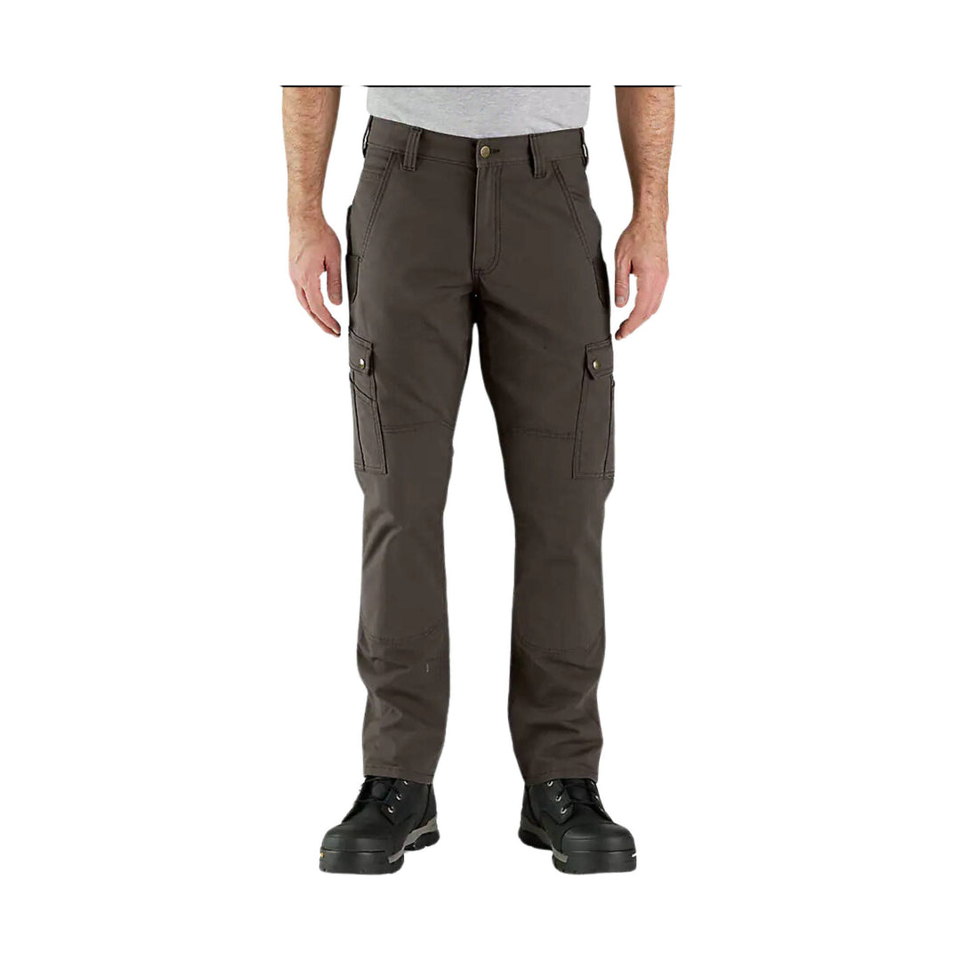 Brown cargo work pants with flap leg pockets, shown front view on a model