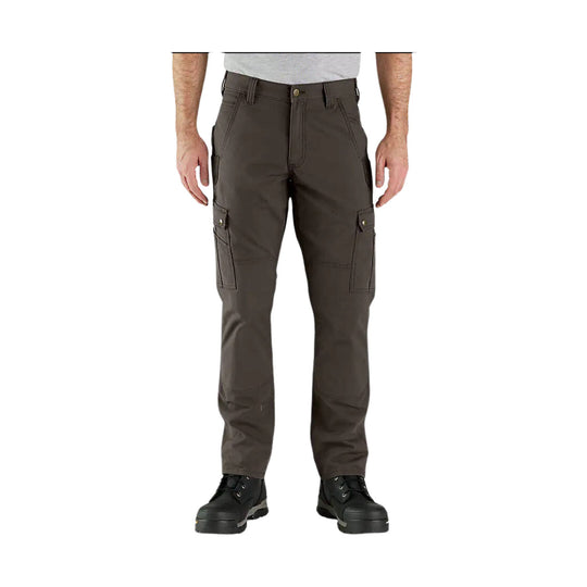 Brown cargo work pants with flap leg pockets, shown front view on a model