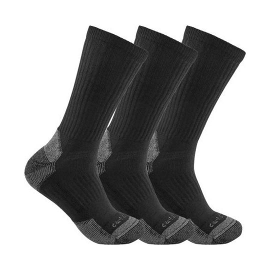 Three black crew socks with ribbed cuffs and gray reinforced heels and toes
