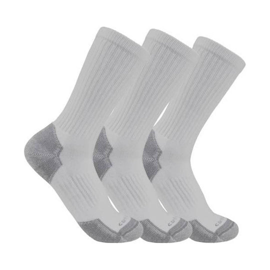 Three grey crew socks with gray toes and heels, shown stacked at an angle.