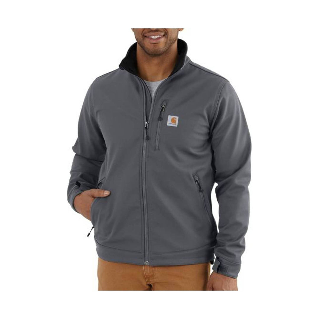 Gray zip-up jacket with black collar, chest logo patch, and multiple zip pockets