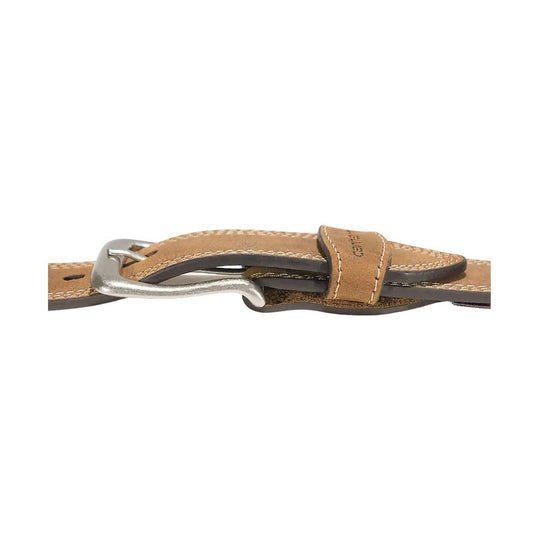Tan leather belt with silver buckle and stitched keeper strap
