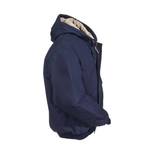 Dark navy hooded insulated work jacket shown in side view with a tan quilted lining