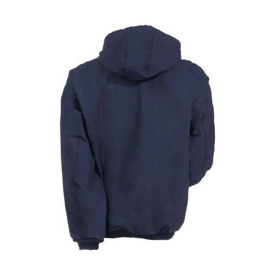 Dark navy hooded work jacket shown from the back