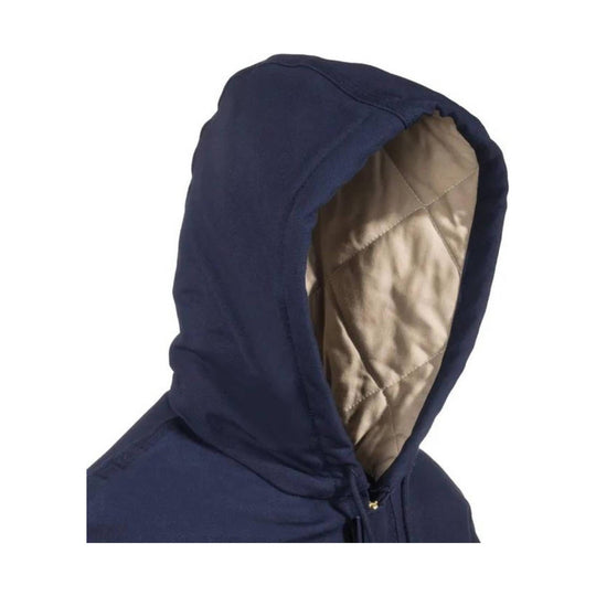 Navy hooded insulated jacket with tan quilted lining