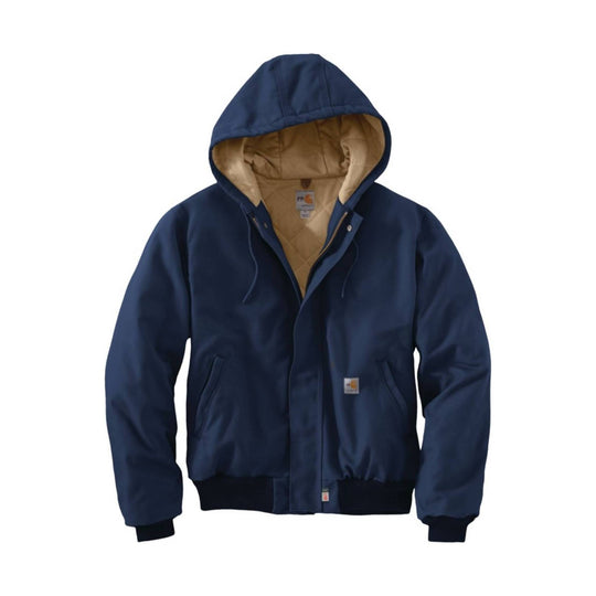 Dark navy hooded work jacket with tan quilted lining, front zipper, and hand pockets