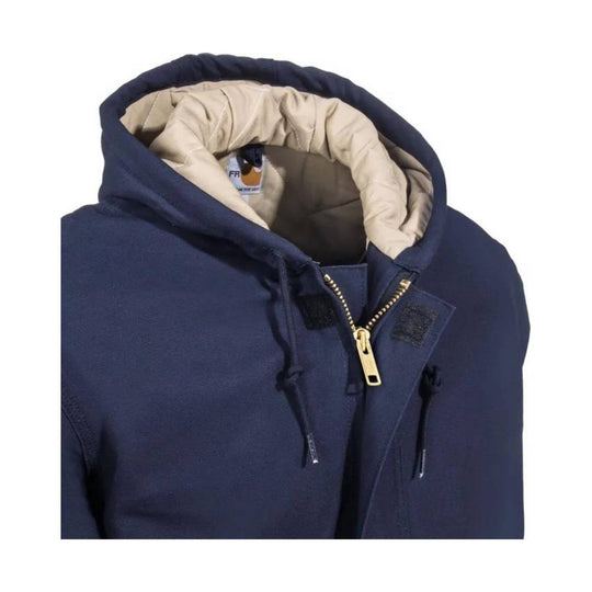 Navy hooded work jacket with beige lining, front zipper, and drawstrings