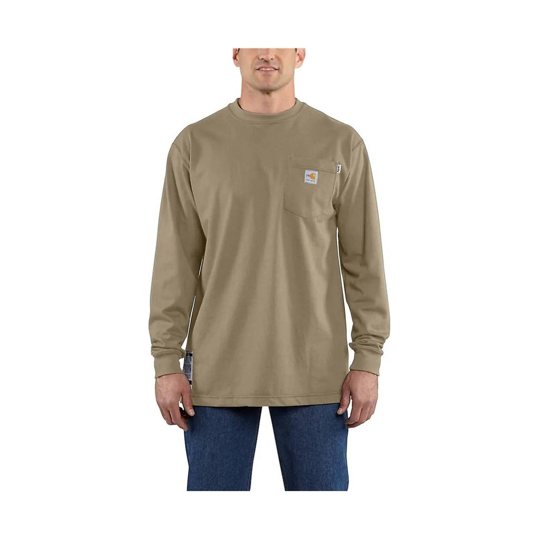 Khaki long-sleeve crewneck shirt with a chest pocket and small logo patch