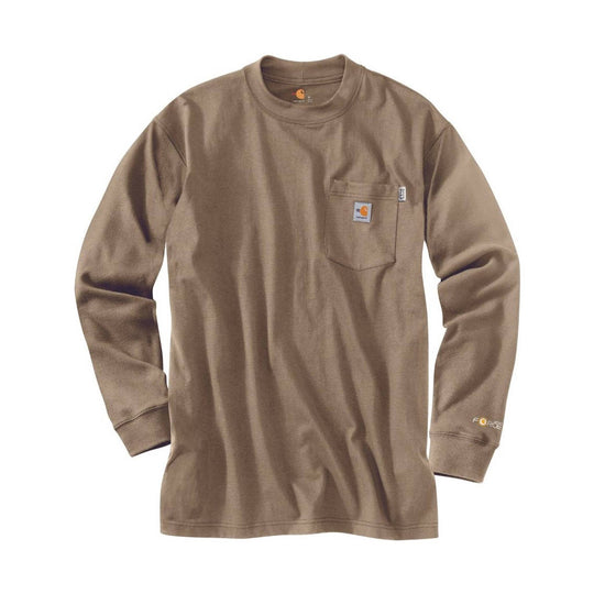 Khaki long-sleeve shirt with a chest pocket and small logo patches