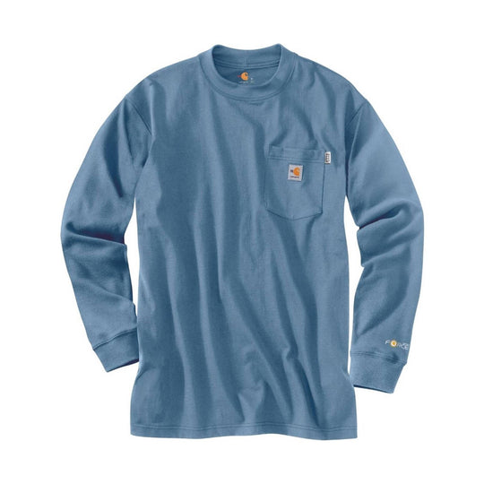 Blue long-sleeve crewneck shirt with chest pocket and small logo patches