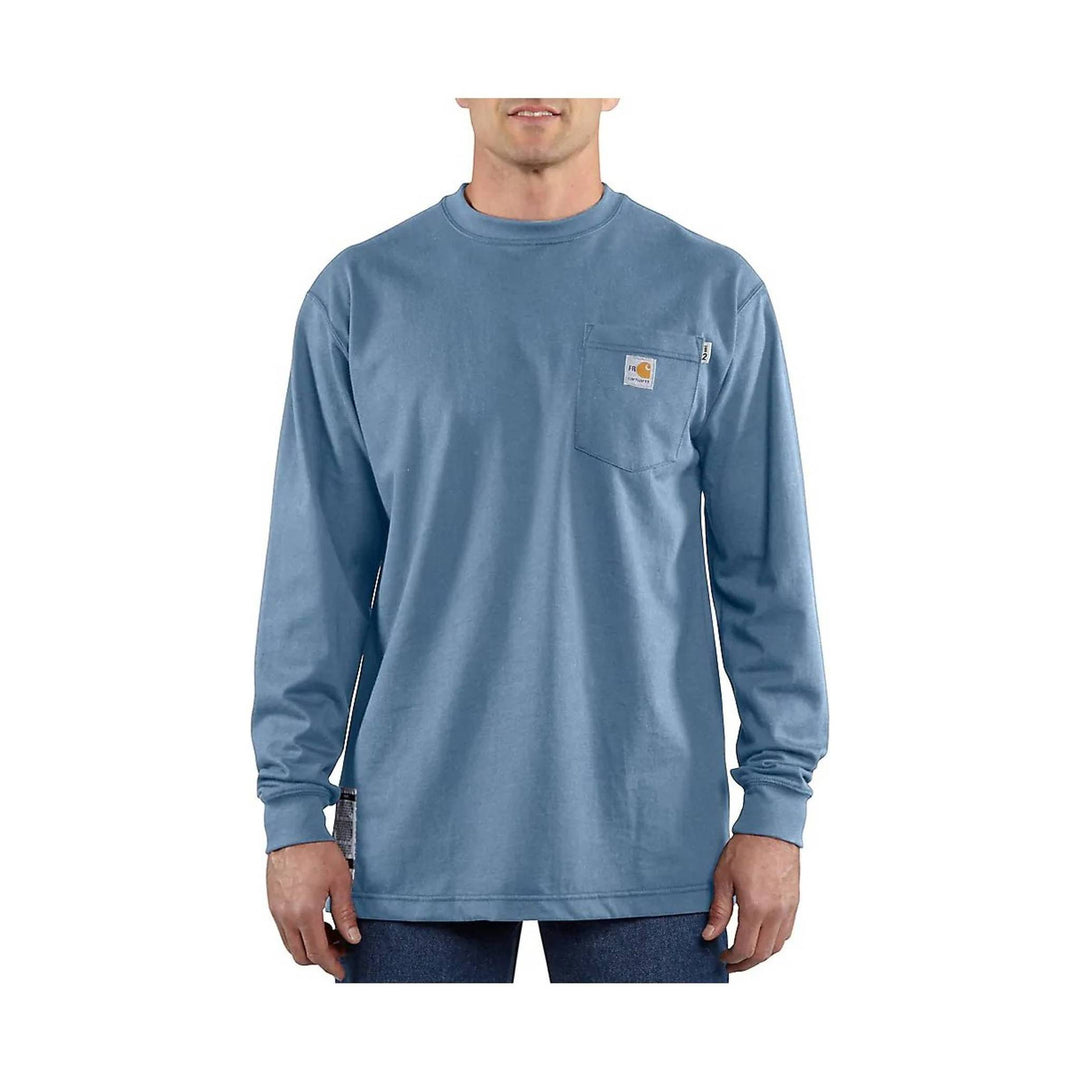 Blue long-sleeve pocket T-shirt with small chest logo patch