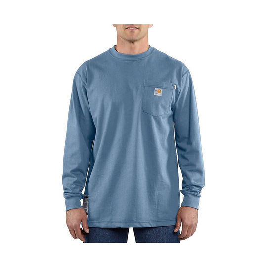 Blue long-sleeve pocket T-shirt with small chest logo patch