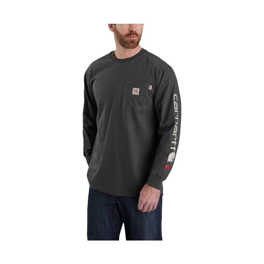 Dark charcoal long-sleeve work shirt with chest pocket and vertical Carhartt sleeve logo