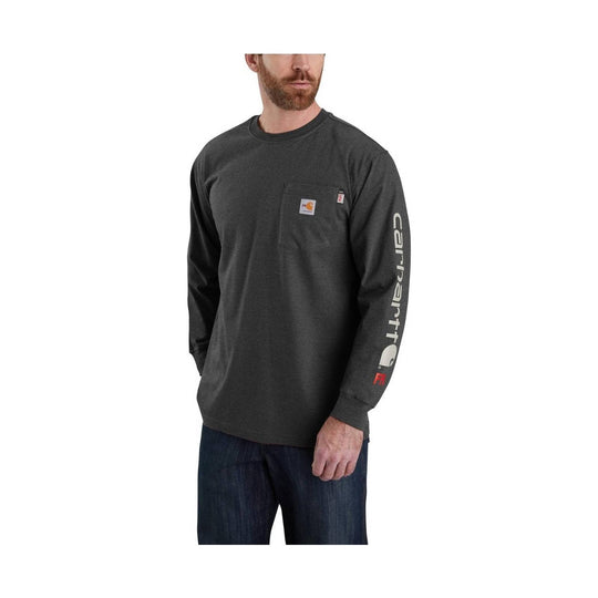 Dark charcoal long-sleeve work shirt with chest pocket and vertical Carhartt sleeve logo