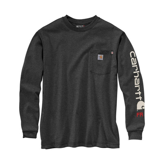 Dark heather long-sleeve crewneck shirt with a chest pocket and large sleeve logo
