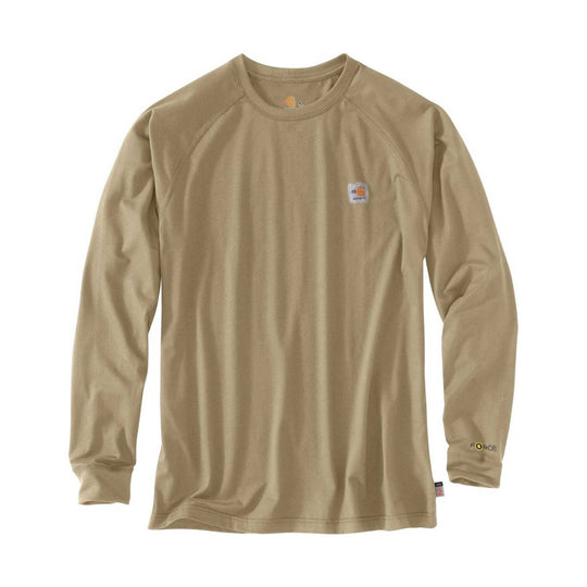 Tan long-sleeve crewneck shirt with small chest patch and sleeve logo