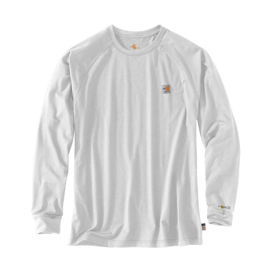 White long-sleeve crewneck shirt with small chest logo and cuff branding