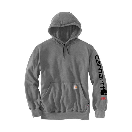 Gray hooded sweatshirt with front kangaroo pocket and black sleeve logo