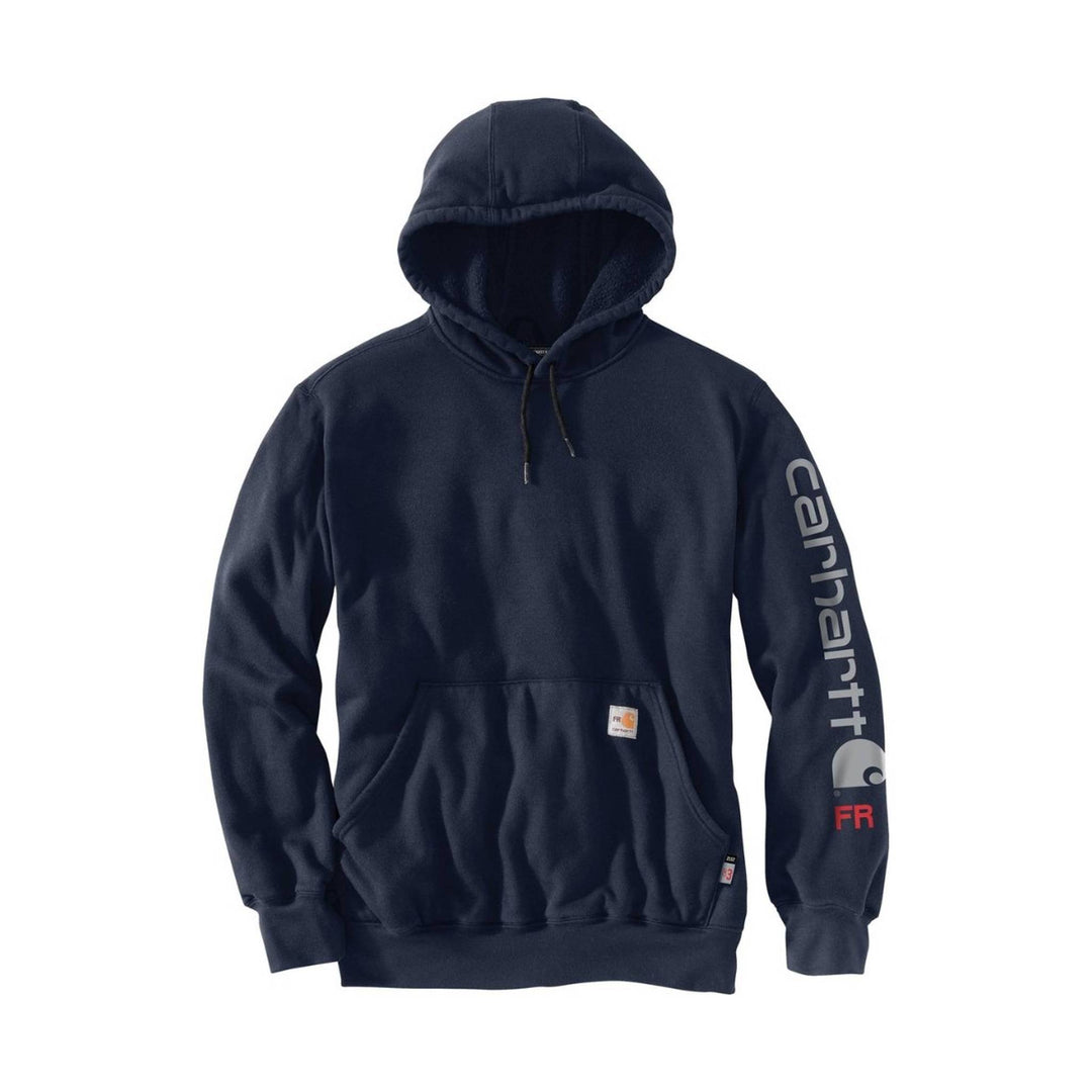Navy hooded sweatshirt with a front kangaroo pocket and vertical sleeve graphic