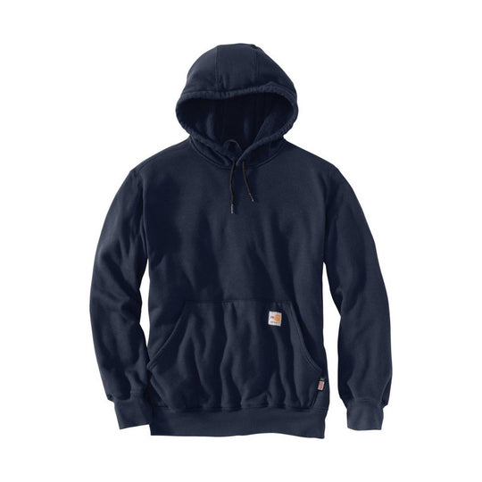 Navy pullover hoodie with front kangaroo pocket and drawstring hood