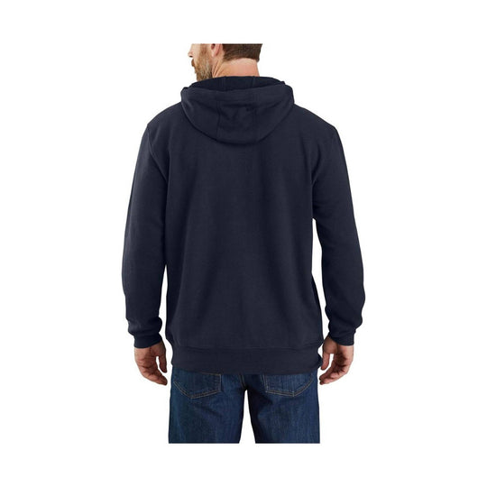 Navy hooded sweatshirt shown from the back on a model.
