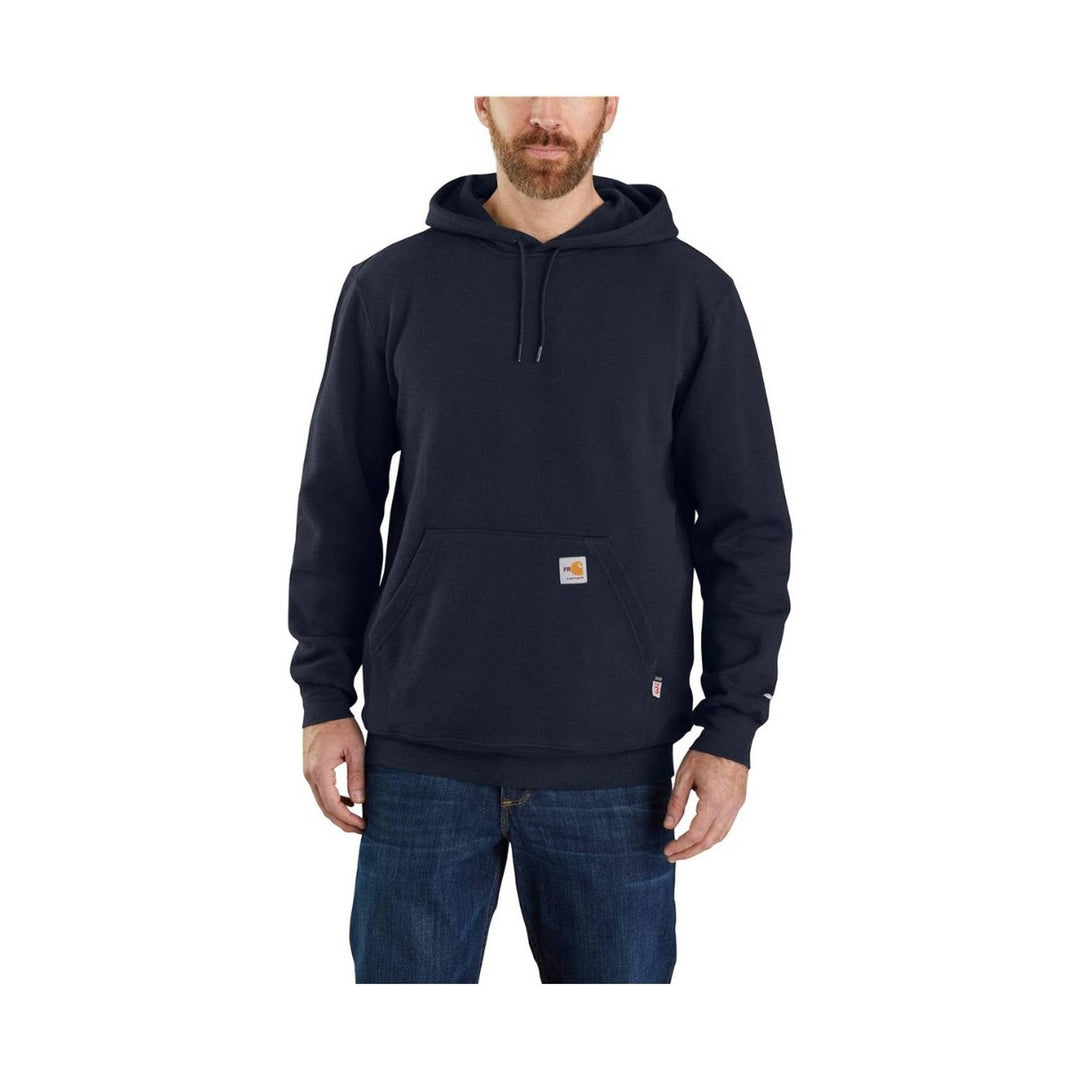 Navy hooded sweatshirt with kangaroo pocket and small logo patch on the front pocket