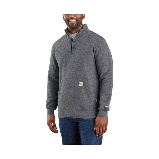 Gray quarter-zip mock neck sweatshirt with kangaroo pocket and small FR patch on chest