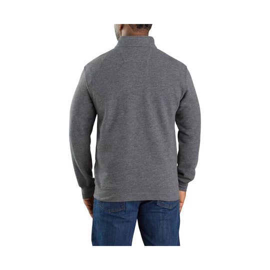 Gray long-sleeve mock neck pullover shown from the back