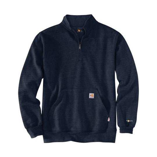 Navy long-sleeve quarter-zip sweatshirt with a front kangaroo pocket and small logo patch
