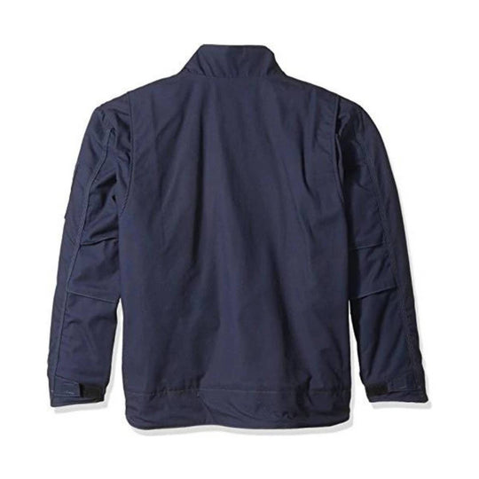 Dark navy insulated jacket shown from the back with long sleeves and a stand collar