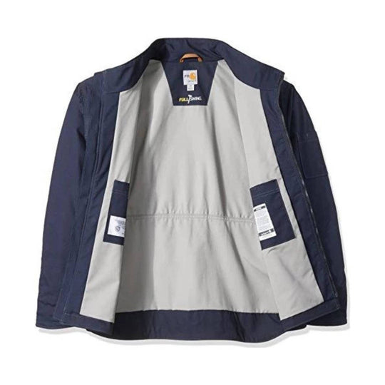 Open navy work jacket with light gray lining, chest label, and front pockets