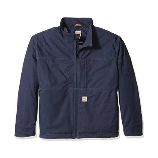 Dark navy zip-front jacket with a stand collar, long sleeves, and chest and lower front seams